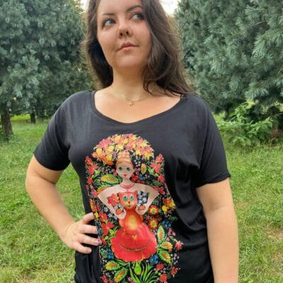 Woman and Cat Petrykivka Folk Art T-Shirt